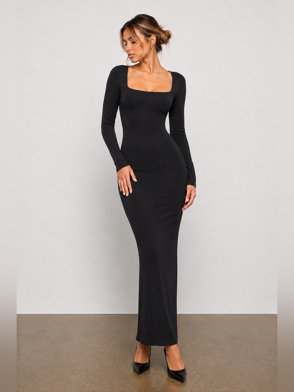SKIMS Body Long Sleeve Slip Dress | Onyx | Size L